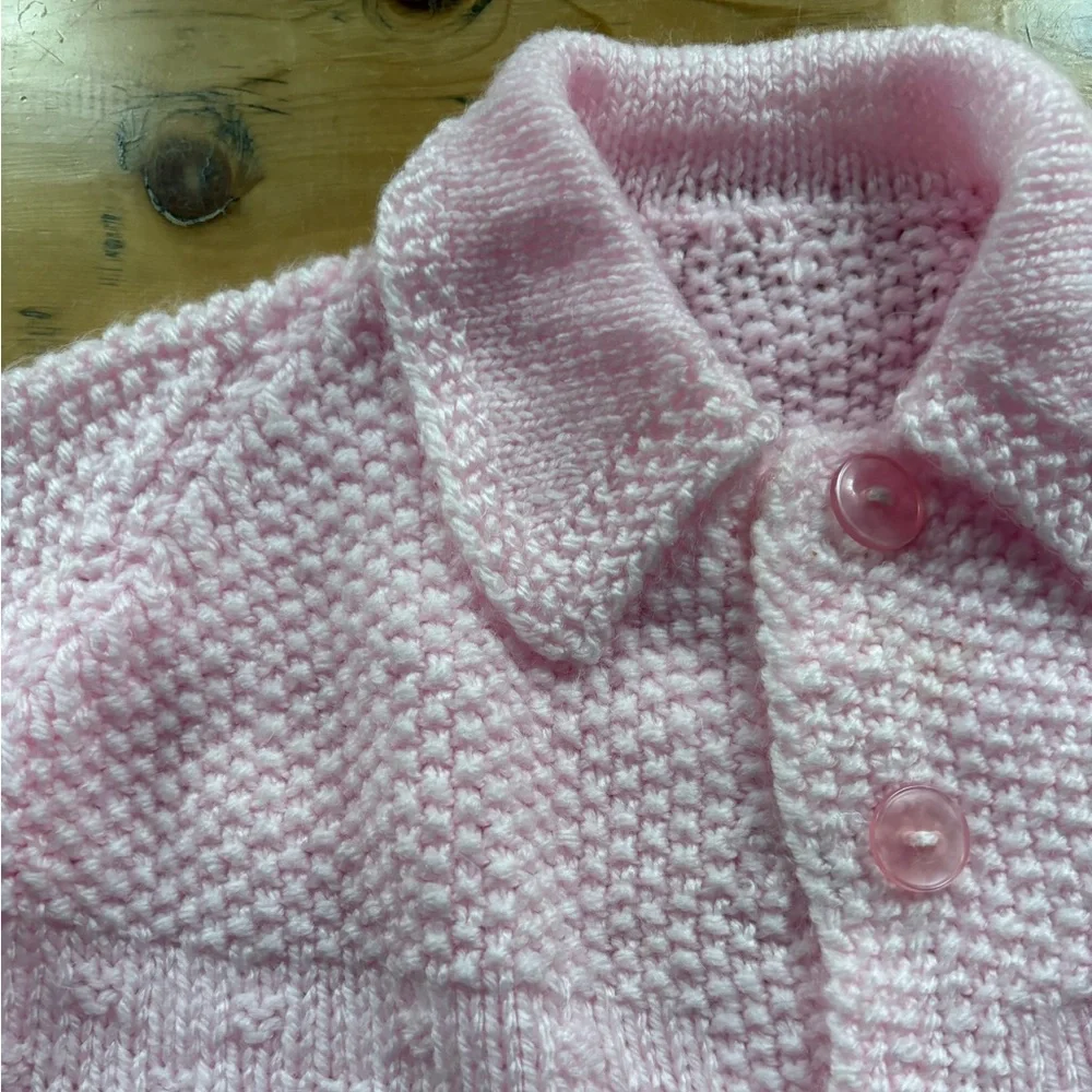 Vintage Grammy Made Pink Knitted Baby Sweater Hidden Snaps Button Placket 9-12M